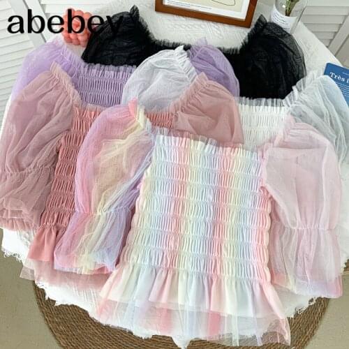 Sweet versatile slash neck puff sleeve Shirt pleated waist mesh patchwork Ruffles short Shirt Top 2021 New Summer
