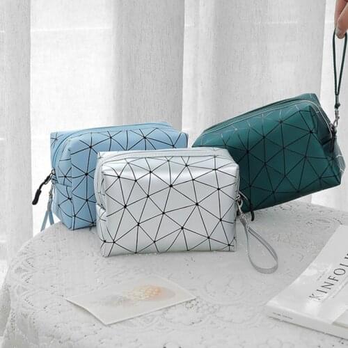 Fashion Women PU Cosmetic Bag Travel Organizer Diamond Lattice Leather Makeup Bag Toiletry Kit Make Up Cases