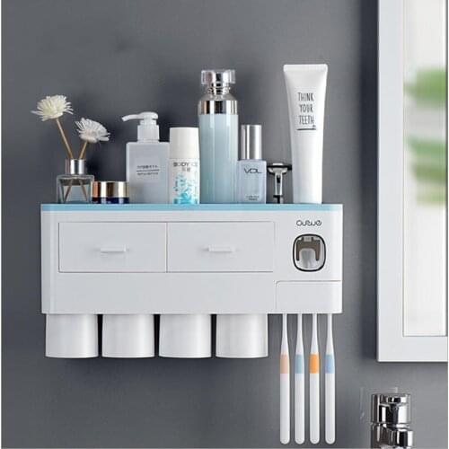 Toothbrush Holder Set Automatic Toothpaste Dispenser Squeezer Wall Mount Multi-Functional Toothbrush Organizer Cup 4 Brush Slots