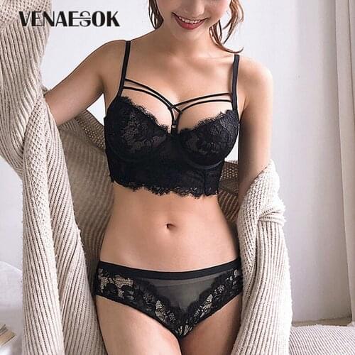 New Classic Black Bandage Bra Panties Set Lingerie Embroidery Lace Brassiere Women Thick Push Up Bras Cotton Sexy Underwear Set