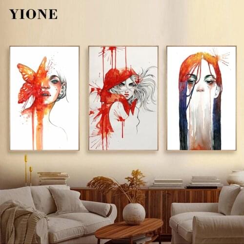 Orange Fairy Tales Nordic Girl Canvas Print Picture Abstract Watercolor Splash Graffiti Butterfly Wall Art Decor Painting Poster