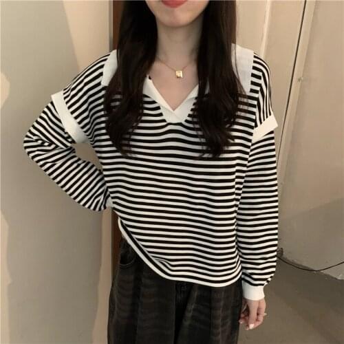 Autumn new design lapel contrast color striped long-sleeved loose and versatile knitted casual T-shirt