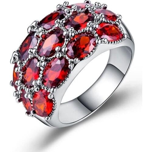 MIQIAO Silver Plated Luxury Full Red Stone Zircon Vintage Boho Rings for Women Wedding Couple Friends Gift Fashion Jewelry Bague