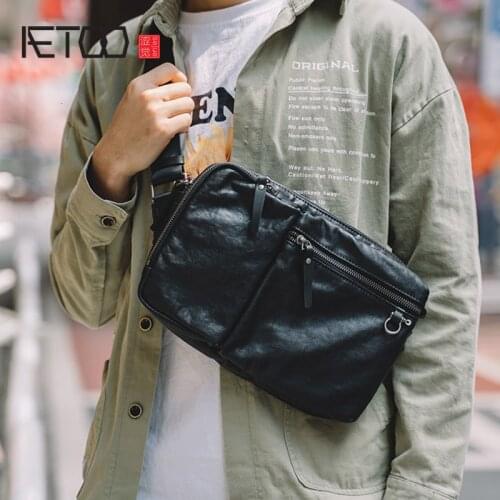 AETOO Simple multifunctional chest bag, leather mens shoulder bag, first layer cowhide casual messenger bag