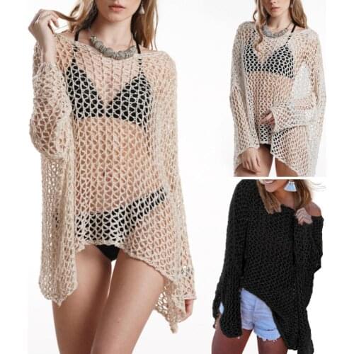 Dropshipping Women Bikini Cover up Long Sleeve Knitted See Through Sun Protection Loose Top