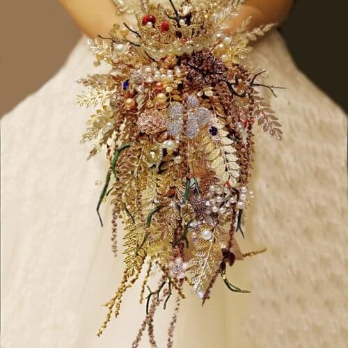 Iffo high-end custom bridal bouquet bouquet goth style gold leaf red sapphire pearl tree branch