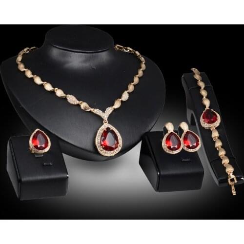 Luxury Gold Plated Set 4PC Set Necklace/earring/Bracelet /ring Set Fashion Women CZ Water Drop Shape Crystal Wedding Jewelry