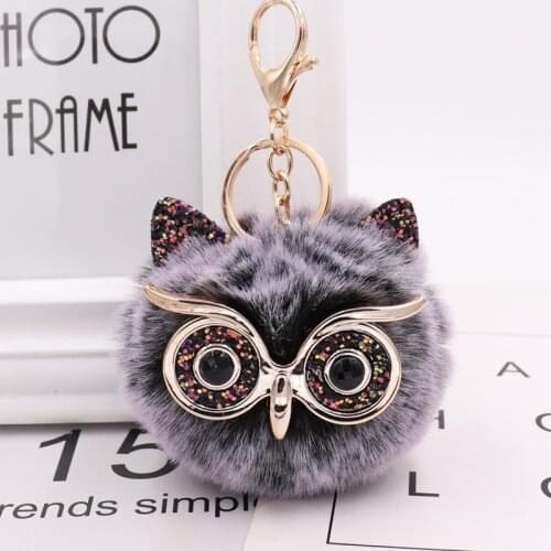 Cute Sequin Ear Fur Owl Keychains For Girls Boy Fluffy Fake Animal Ball Key Chain Charm Women HandBag Key Ring Teacher Gift