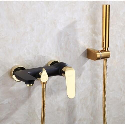 Black & Gold Bathroom Bathtub Shower Faucet Set Brass Hot & Cold Mixer Taps Crane Single Handle With Handheld Wall Mounted