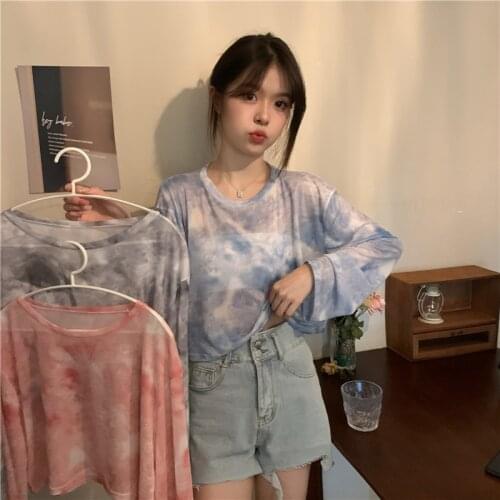 Sunscreen Shirt Net Yarn Thin Tie-dye Long-sleeved T-shirt Women Summer New Style Korean Loose Slimming Top