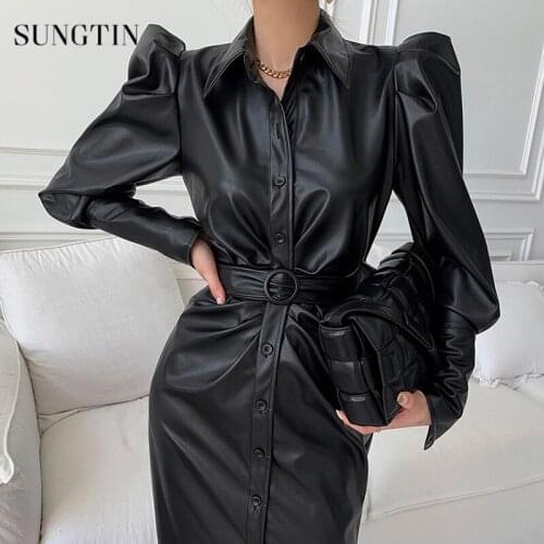 Sungtin Korean Casual Sashes Faux Leather Dress Women Puff Sleeve Belt PU Dress Female High Quality Split Elegant Black Dress