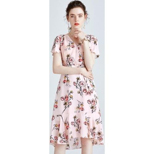 Light Pink Floral Silk Dresses Women Fashion Crepe 21 Summer Long Casual Sexy Office Work Daily Dress Plus Size Slim Fit A Line