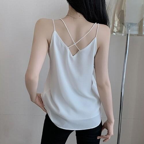 Shintimes Summer Casual Tops For Women Crop 2020 Sexy Sleeveless White Camisoles Pullover Chiffon Loose Tank Top Clothes Black