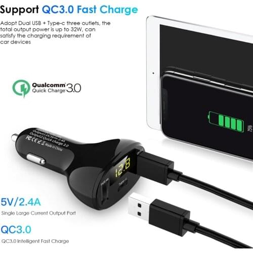 Universal 32W Three Ports QC 3.0 Type C Fast Charging Charger Car Charger With Digital Display Works With Most Phones Tablets