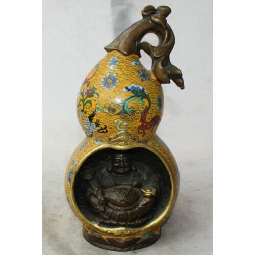 USPS to USA S2343 13" Chinese Cloisonne Bronze Gild Happy Laugh Maitreya Buddha Statue calabash
