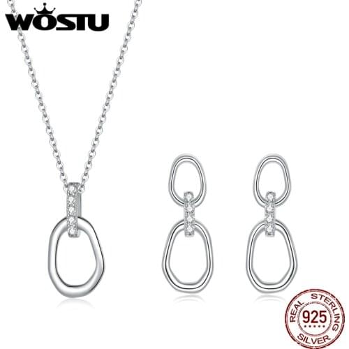 WOSTU Genuine 925 Sterling Silver Geometric Set Drop Hoop Earrings & Necklace Chain For Women Luxury Jewelry S226