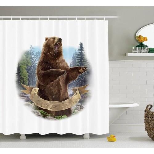 Bear Shower Curtain Angry Mammal Carnivore Attacking Wilderness Forest Realistic Illustration Home Decoration Bathroom Curtains