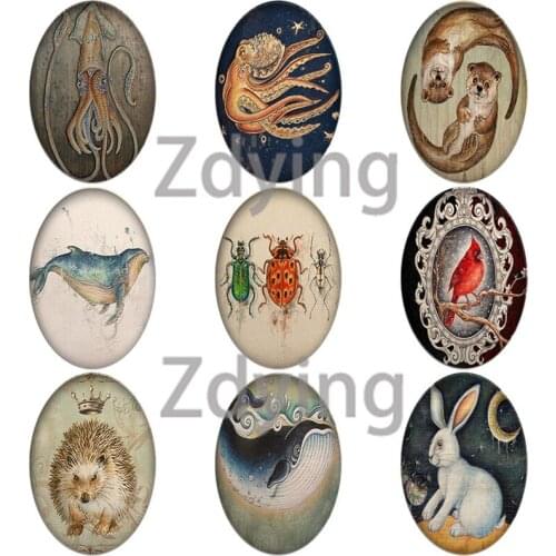 Zdying Hot Sale Retro Animals Bird Whale Hedgehog Owl Pattern Oval Shape Glass Cabochons Beads Demo Flat Back Making Findings
