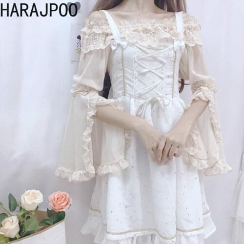 Harajpoo Women Shirts Japanese Harajuku Style Lolita Chiffon Daily Dress Lace Autumn All-match Ruffle Nine Points Sleeve Top