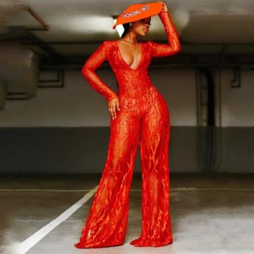 2021 Designer Red Sequined Jumpsuit Sexy Sequin Bodycon Jumpsuit Women Deep V Neck Long Sleeve Bodycon Evening Party Clubwears