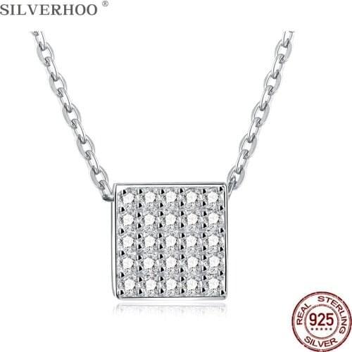 SILVERHOO 925 Sterling Silver Simple Square Pendant Necklaces For Women Shining Zircon Necklace Fine Jewelry Romantic Gift Best
