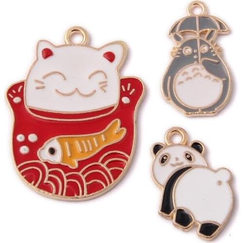 10pcs/Lot Zinc Alloy Animal Enamel Charms Cute Panda Lucky Cat Totoro Charms DIY Jewelry Making Finding Accessories