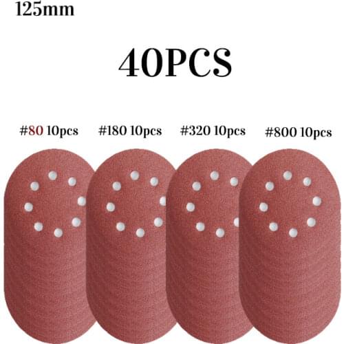 40pcs 5 Inch 125mm Round Sandpaper Sanding Disc Eight Hole Disk Sand Sheets Grit 80-800 Hook and Loop Polish Abrasive Tools