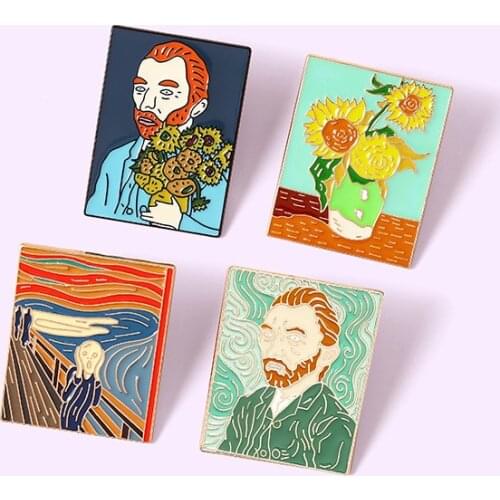 Art Retro Oil Painting Badge Fashion Classic Sunflower Enamel Brooch Personality Charm Lapel Backpack Jewelry Accessories Gift