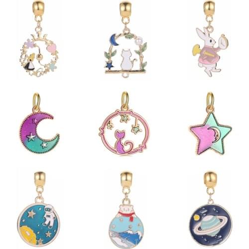 Alloy Beads Space Gold Color Cat Rabbit Planet Pendant Enamel Charm Fit Original Pandora Bracelet Bangle DIY Women Jewelry