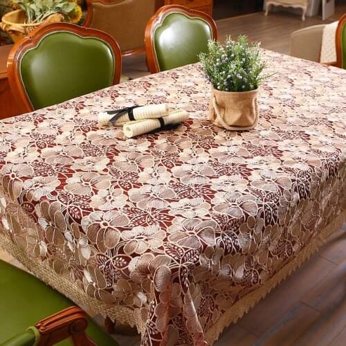 Damask Tablecloth Countryside Water Soluble Lace Hem Flower Embroidery European Style Cover Washable Table Cloth for Tea Table