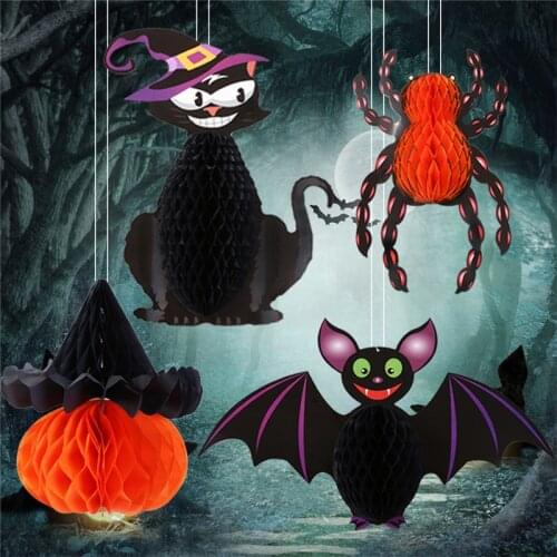 Halloween Bat Cat Honeycomb Ball Pendant Window Scene Decoration Spider Pumpkin Witch Halloween Pendant