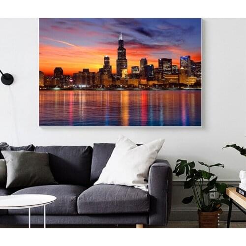 Skyline of Chicago Canvas Art Prints Night View City Posters and Prints Canvas Painting for Bedroom Cuadros Decor Unframed