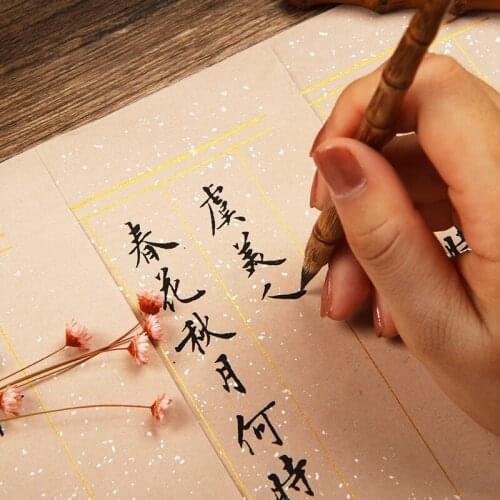 Chinese Song Poems Small Regular Script Brush Calligraphy for Beginners Half-Ripe Xuan Paper Copybook with Pastel Gold Spotted