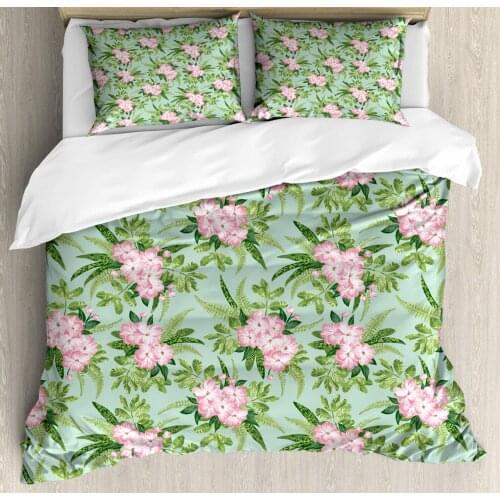 Floral Duvet Cover Set Hibiscus Arrangements Blooming Pattern 3 Piece Bedding Set Almond Green Pastel Pink Olive Green and Pista