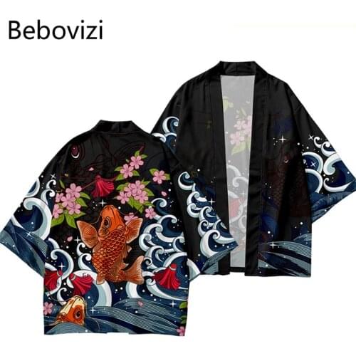 Fashion Fish Kimono Men Women Cardigan Haori Obi Asian Clothes Pant Suit Plus Size Carp China Style Beach Harajuku Japanese Sets
