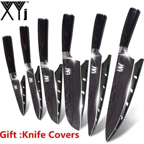 XYj 7Cr17 Stainless Steel Kitchen Knife Cutlery Cooking Kitchen Tools Damascus Veins Stainless Steel Knife Set Tools Accessories