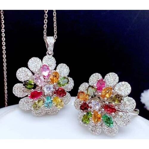 Natural Tourmaline Flower Candy Color Jewlery Sets for Women Necklace and Ring S925 Sliver Fine Jewlery Party Multicolored Gems