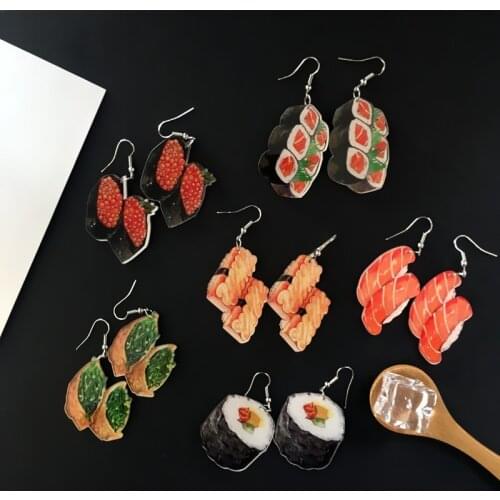 Unusual Sushi Salmon Japanese Food Dangling Earrings for Women Funny Fashion Mini Food Girls Earrings Creative Stylish Earring