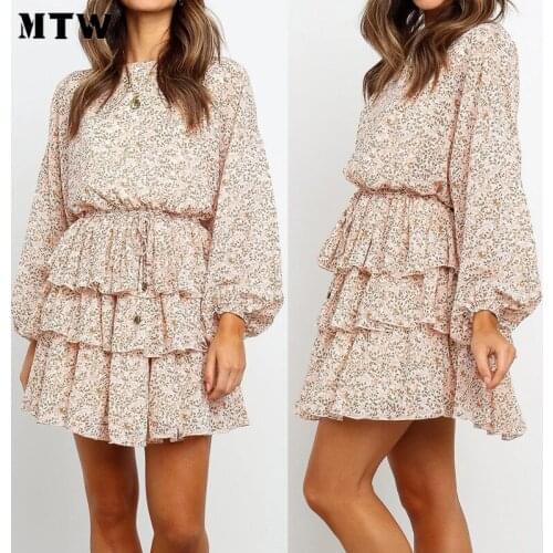 Spring Summer Boho Floral Ruffle Dress Women Chiffon Dress 2021 Casual O-Neck Long Sleeve Loose Party Dresses