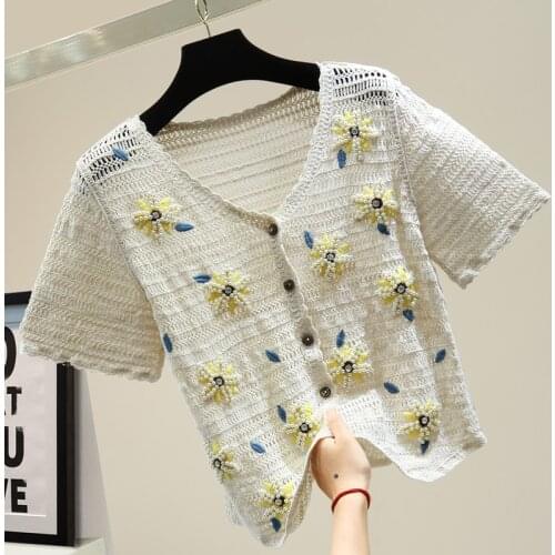 Heavy Industry Beaded Cutout Top Summer Thin Sweater Shirt Woman Korean-Style Loose Slim-Looking Diamond Embroidered Knit Coat