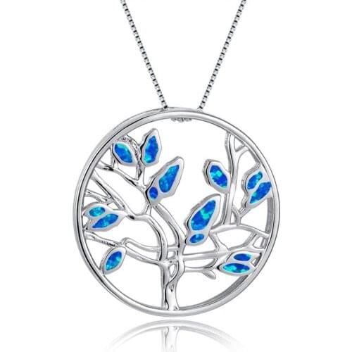 Unique Lucky Tree Pendant Necklace White Blue Opal Round Necklaces For Women Wedding Jewelry Fashion Silver Color Chain Necklace