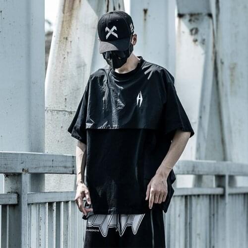 Hip Hop Patchwork Fake Two Pieces T Shirts Men Techwear Short Sleeve T-Shirts Summer Oversized Tshirts Male Tops Tees Streetwear