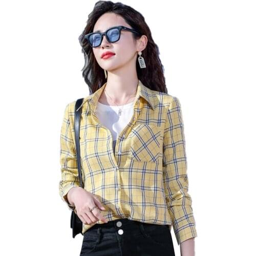 Lenshin High-quality Smooth and Soft Shirt for Women Plaid Blouse Casual Tops Full Sleeve Office Lady Work Wear