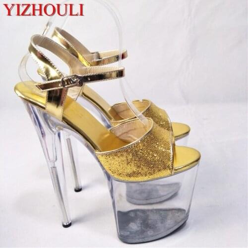 Glitter bright look sexy sandals necessary 20 cm thick bottom heels catwalk shows interest colourful shoes