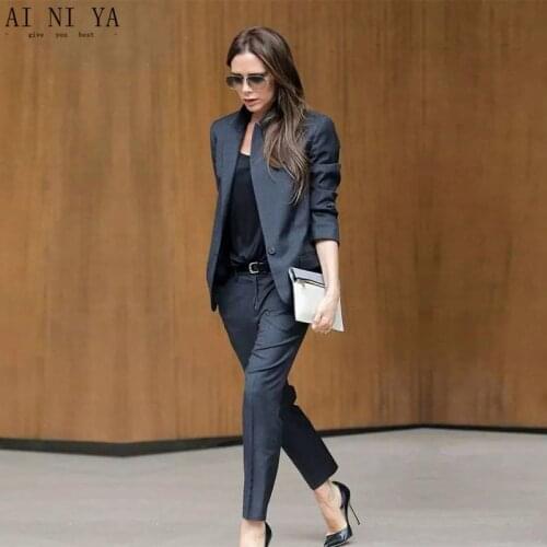 Custom Dark Gray Womens Business Suits Female Office Uniform Ladies Trouser Suits Formal Womens Tuxedo 2 Piece Set Blazer