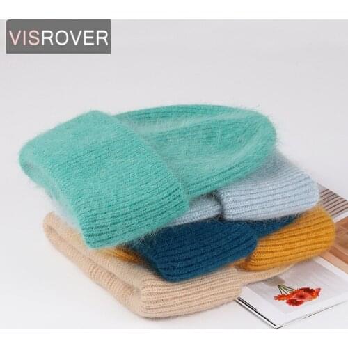 Casual Womens Hats Cashmere Wool Knitted Beanies Rabbit Fur Winter Brand New Cap Three Fold Thick Knitted Girls Skullies Beanie