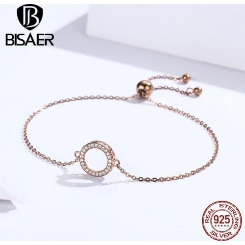 BISAER 100% 925 sterling silver forever love women bracelets round circle shape cubic zircon chain bracelets jewelry ECB030
