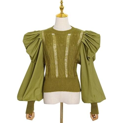 Royal Fashion Patchwork Lantern Sleeve O-neck Knitted Sweater Top Trendy Womens Stylish Top