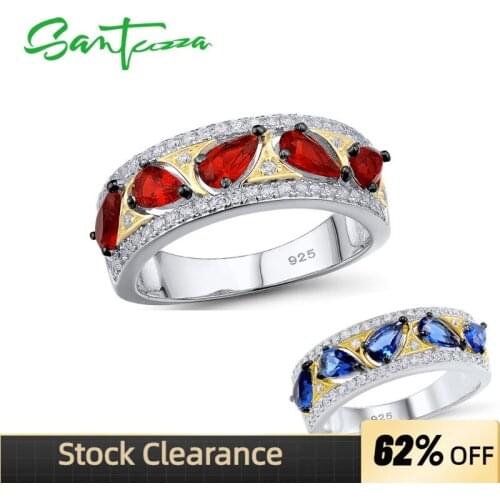 SANTUZZA Pure 925 Sterling Silver Rings for Woman Shiny Pear Blue Stone White Cubic Zirconia Party Trendy Fashion Jewelry