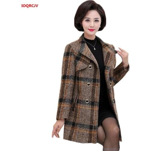 Womens Woolen Coat Winter Plus Cotton Warm Windbreaker Jacket Temperament Mother Clothing Plaid Wool Coat Plus Size 5XL W1705